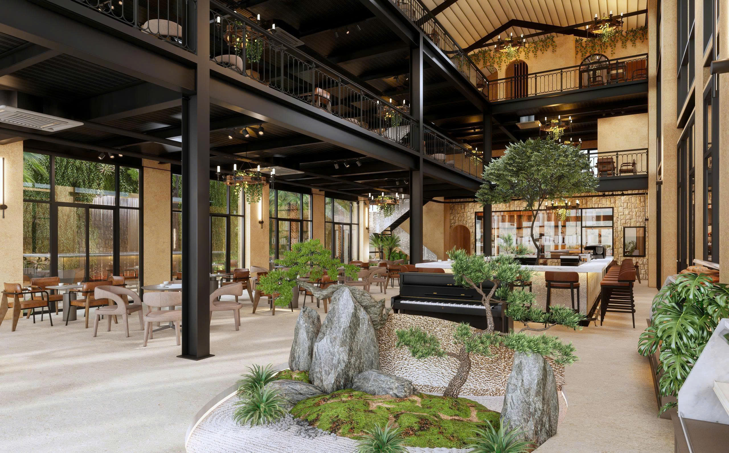Main dining room at Casa Mika, looking from the entrance toward the fish-tank wall. Garden visible through the glasshouse.